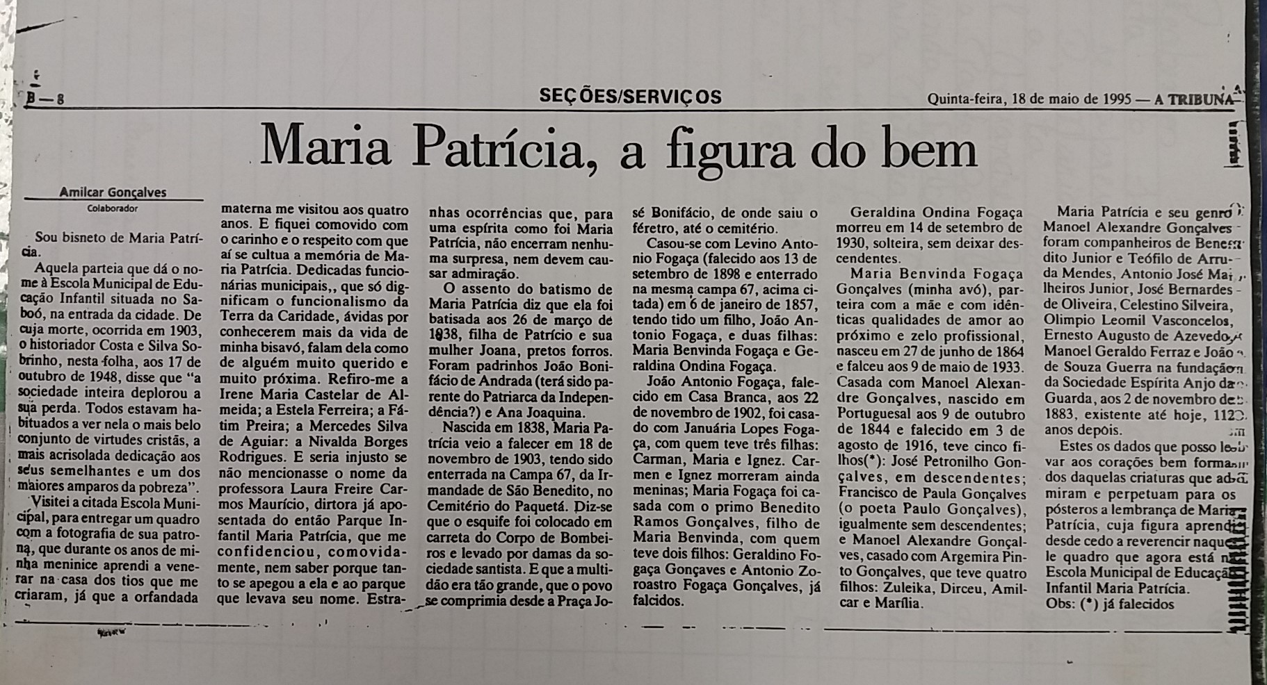 Artigo escrito pelo bisneto de Maria Patrícia, publicado em A Tribuna de 18 de maio de 1995. (Acervo da EMEI Maria Patrícia)